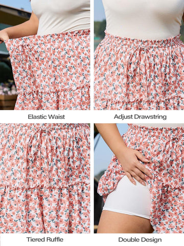 Woochic Jupe courte florale à volants Taille haute élastique